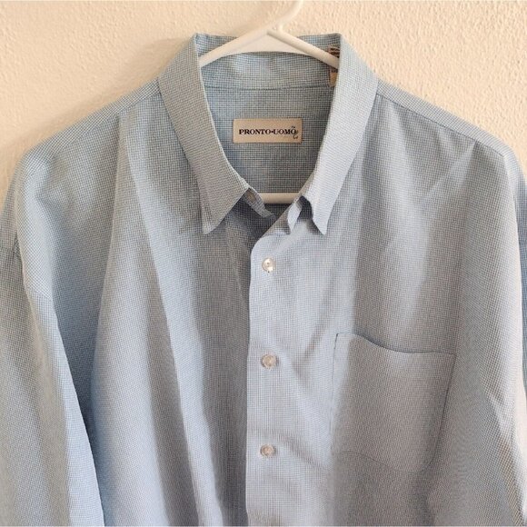 Pronto Uomo Mens L Buttton Down Dress Shirt Long Sleeve No Iron Blue White Check - Picture 3 of 7